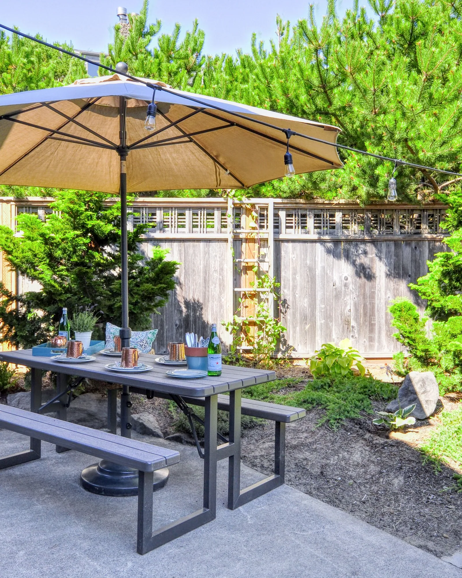 The enclosed backyard: a picnic table with bench seating under a cream umbrella on a paved patio, a clipped lawn and planted border, and a tall cedar fence with shore pine behind it.